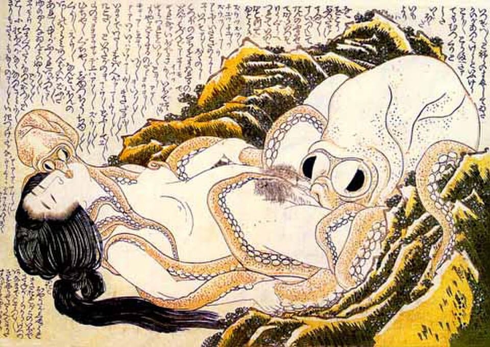 A woodblock print of a woman entangled in the limbs of two octopi