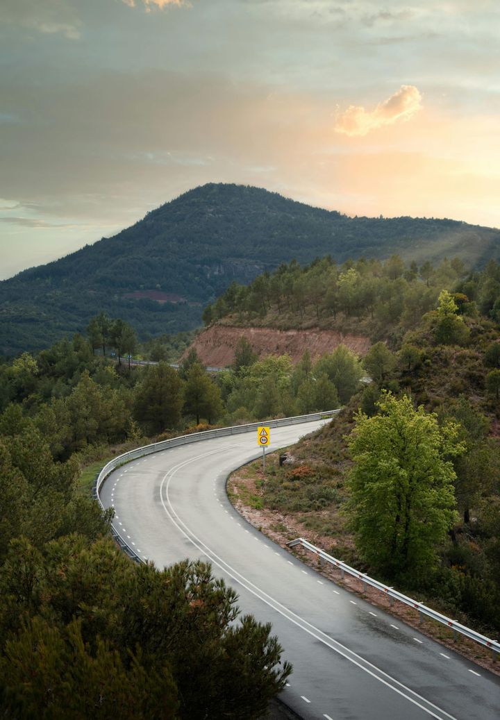 a curved road along a wooded hill