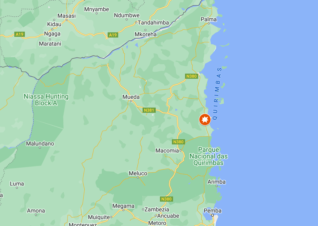 A screenshot of a map of northern Mozambique with a marker on the village of Cobre