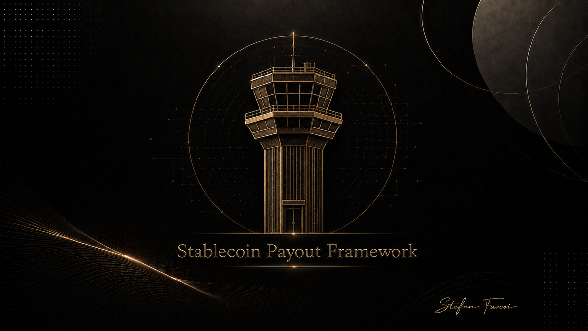Gold pilot control tower symbolizing a stablecoin payout framework in luxury black-and-gold Web3 fintech artwork.