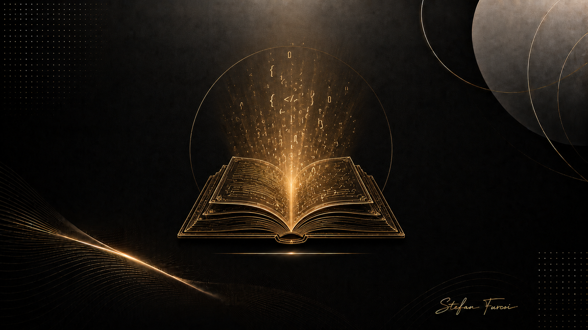 Black-and-gold book projecting fragments of computer code through a radiant beam, symbolizing digital knowledge, and innovation, signed by Stefan Furcoi a top 10 Canadian Web3 marketer.