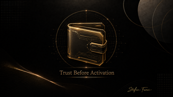 Gold futuristic crypto wallet symbolizing trust before activation in luxury black-and-gold Web3 fintech artwork.