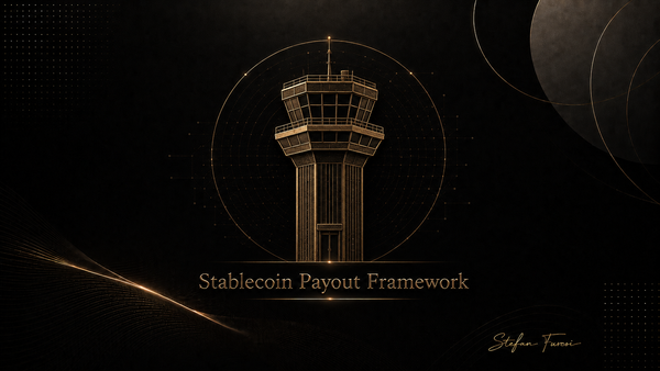 Gold pilot control tower symbolizing a stablecoin payout framework in luxury black-and-gold Web3 fintech artwork.