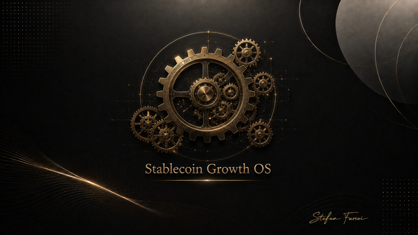 Stablecoin Growth OS clockwork gear illustration showing a premium Web3 growth system for stablecoin trust, activation, and adoption.