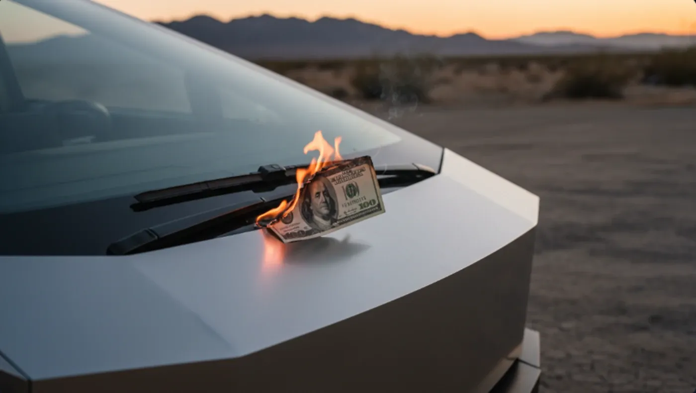 A common site for Cybertruck owners. A charred $100USD bill left tucked under their dilapidated Cybertruck. Hang in there!  