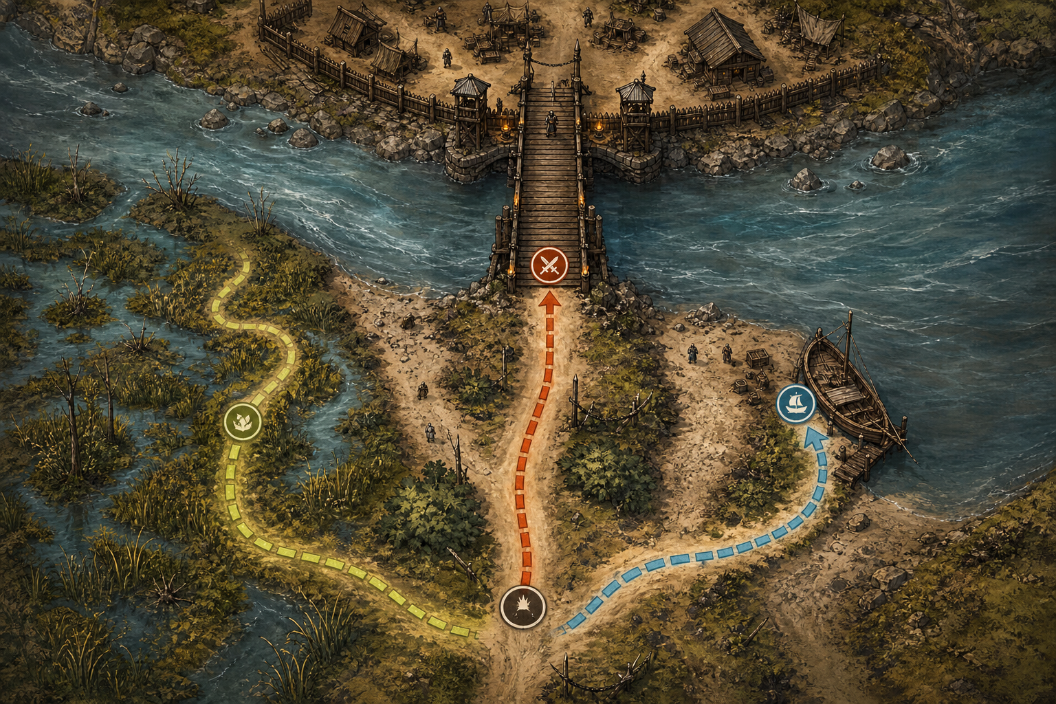 an overhead map showing 3 possible path choices, cross the bridge, the marsh or use the boat.