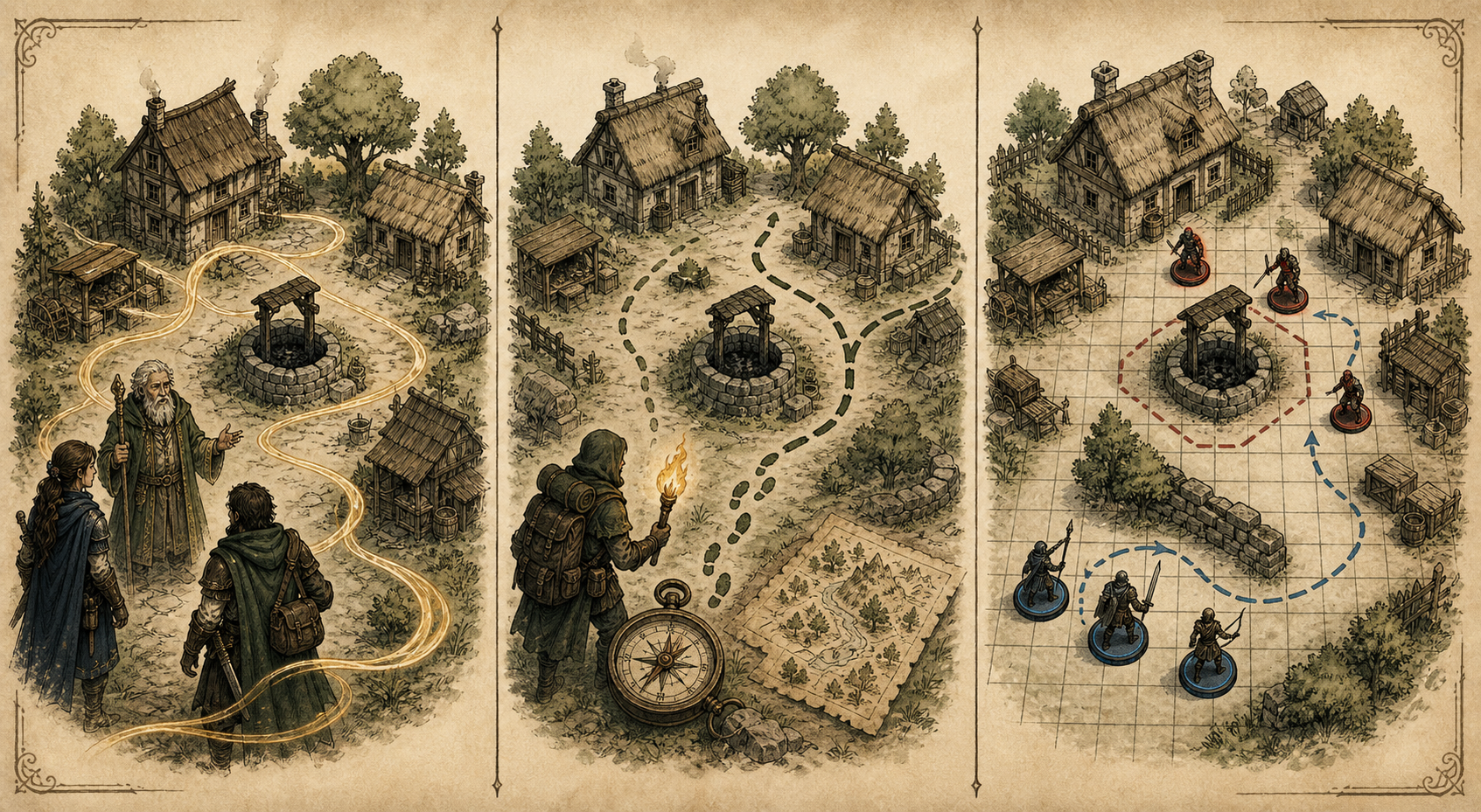 3 images similar scene, a narrative style tale, an exploration style, a mechanical tactical style