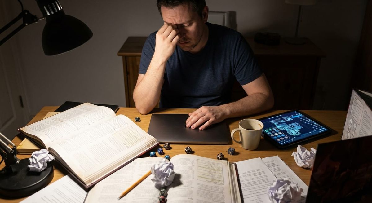 GM sitting at desk having trouble prepping for next TTRPG session