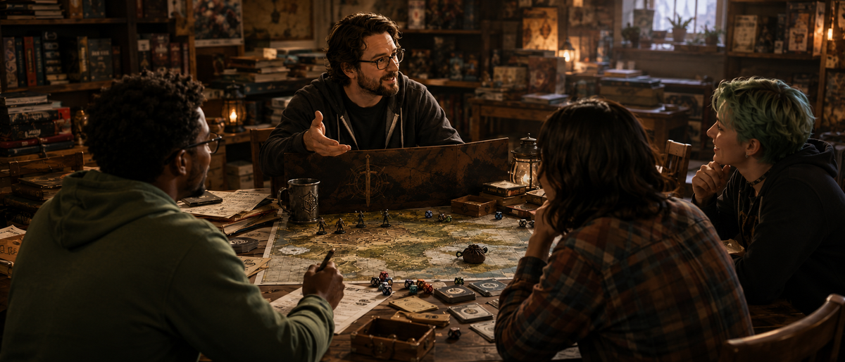TTRPG GM at gaming table with players