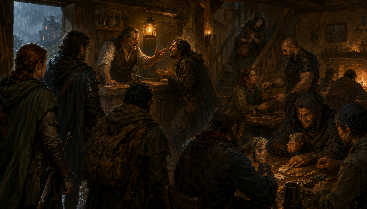 Card cheats, bad deals, nervous couriers and tavern debts, players arrive in the middle of the action