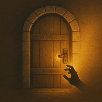 shadowed hand reaching for a wooden door