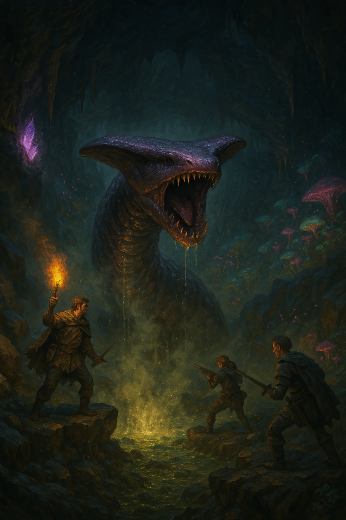 Snake like creature in a dark fantasy cave setting rises above 3 RPG characters