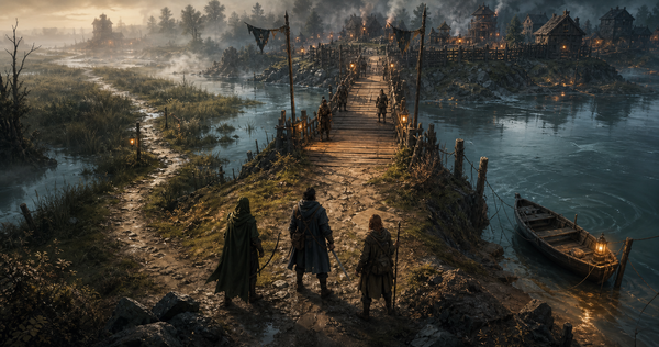 Characters stand at a bridge but also have 2 other paths to choose from