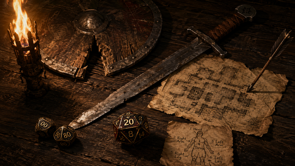damaged shield and sword, 20 sided and percentile dice indicate alternative critical hits and misses for Shadowdark jTTRPG combat