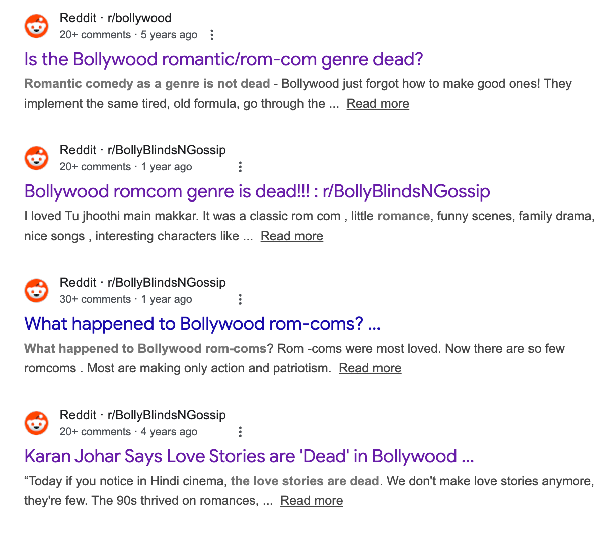 Google search results showing Reddit links with titles such as "Is the Bollywood romantic/rom-com genre dead?", "Bollywood romcom genre is dead!!!", "Karan Johar Says Love Stories are 'Dead' in Bollywood."