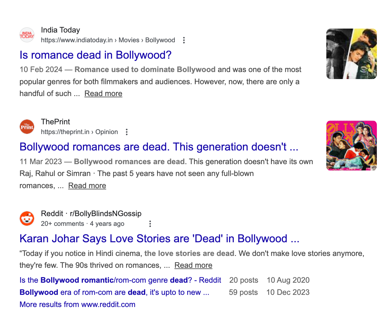 Google search results showing articles such as "Is romance dead in Bollywood" from India Today and "Bollywood romances are dead. This generation doesn't have its own Raj, Rahul, or Simran" from ThePrint India.
