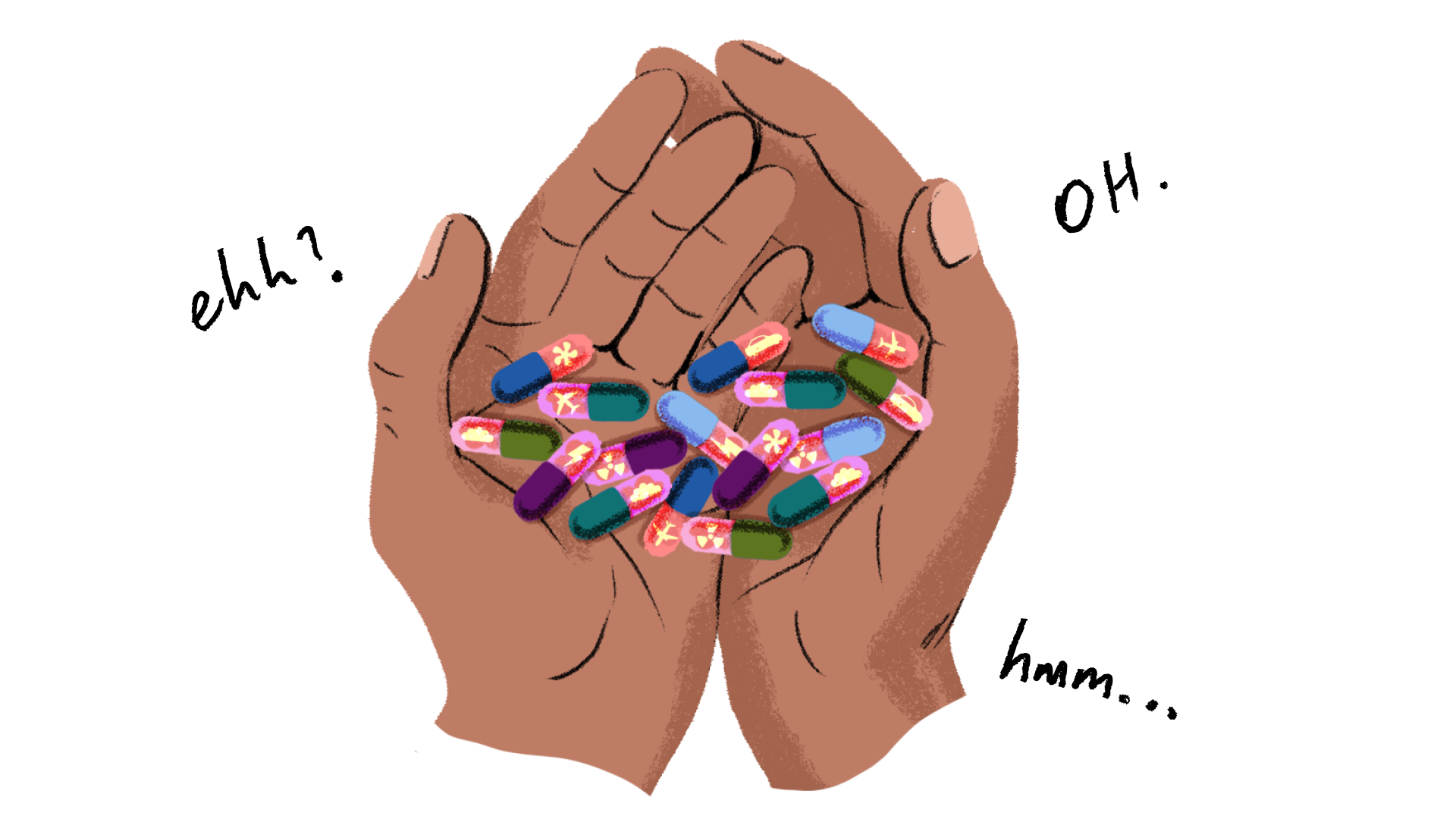 Illustration of cupping hands holding pills which represents modern conveniences like flights, electricity and transport.
