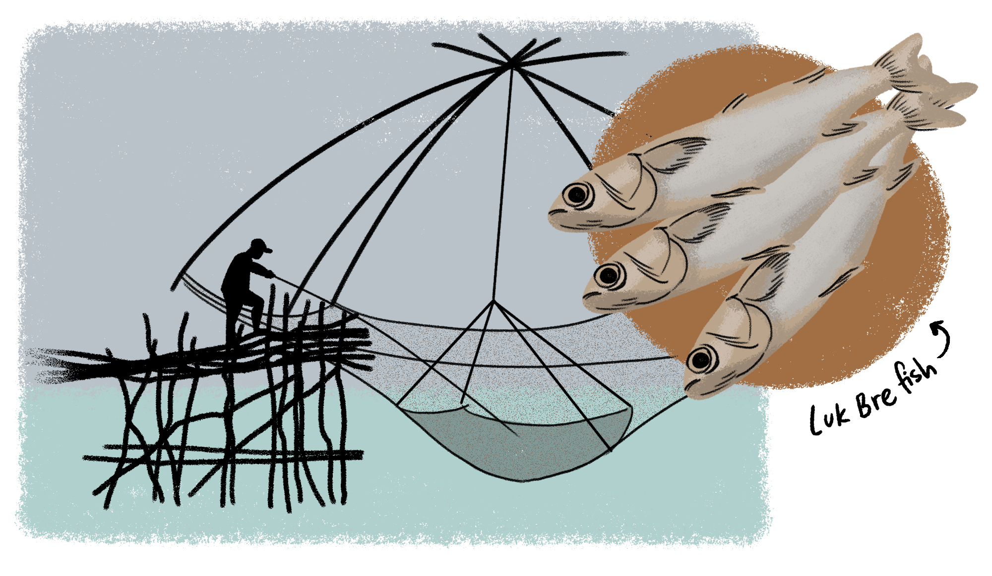 Illustration of Yo Yak net and a subset illustration of Luk Bre fish.