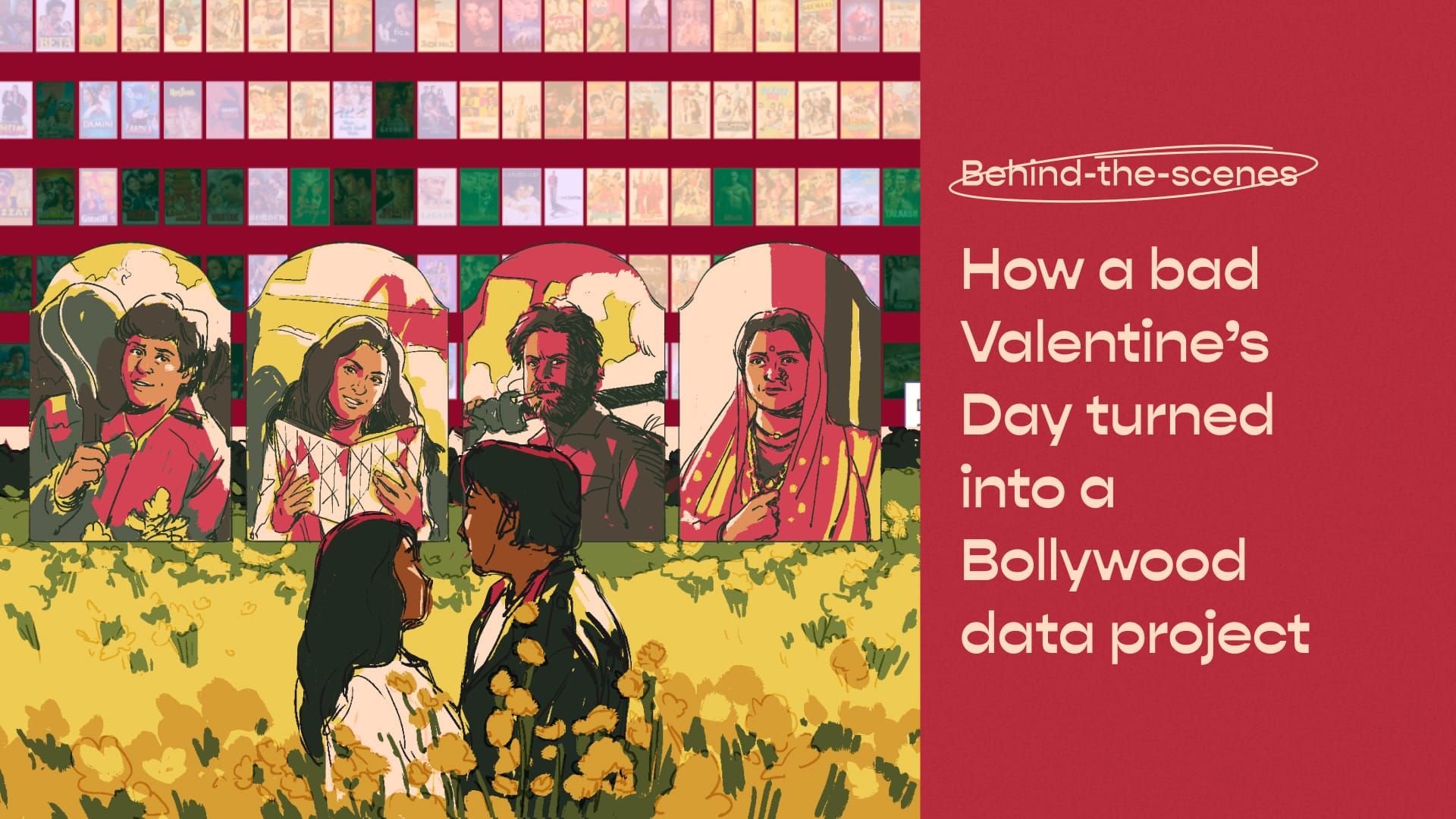 Feature image showing a collage of the story's stacked movie poster visualisation and sketches of the editorial illustrations.