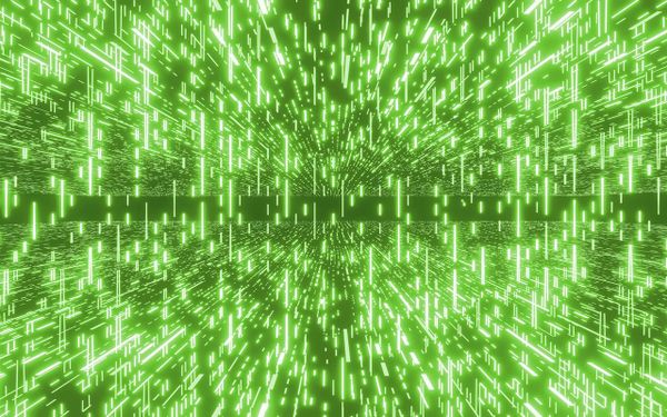 Abstract green digital tunnel of flowing data streams & light particles, creating a futuristic Matrix-style cyber effect with depth, motion, vibrant neon green on dark background. (190 chars)