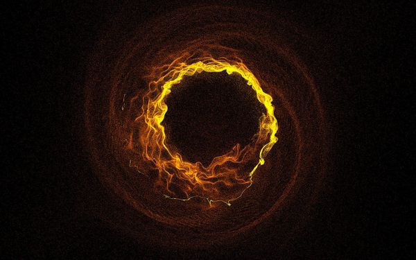 A ring of golden flame suspended in darkness, its center hollow, burning everywhere at once with no beginning and no end, the activity of burning without anyone behind it.