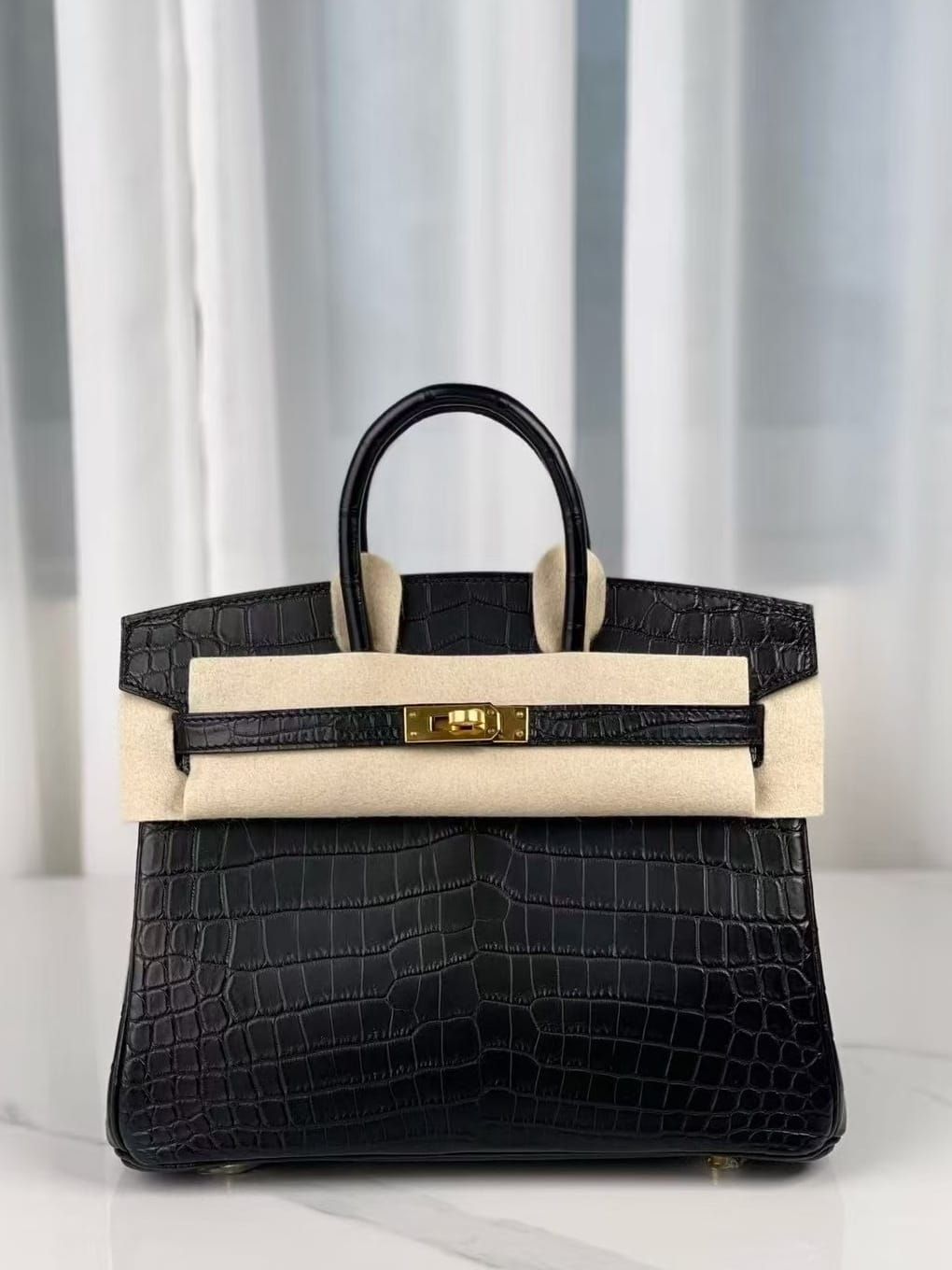 Hermès Birkin 25 Noir（Black） Matte Alligator Leather Handbag Gold Hardware