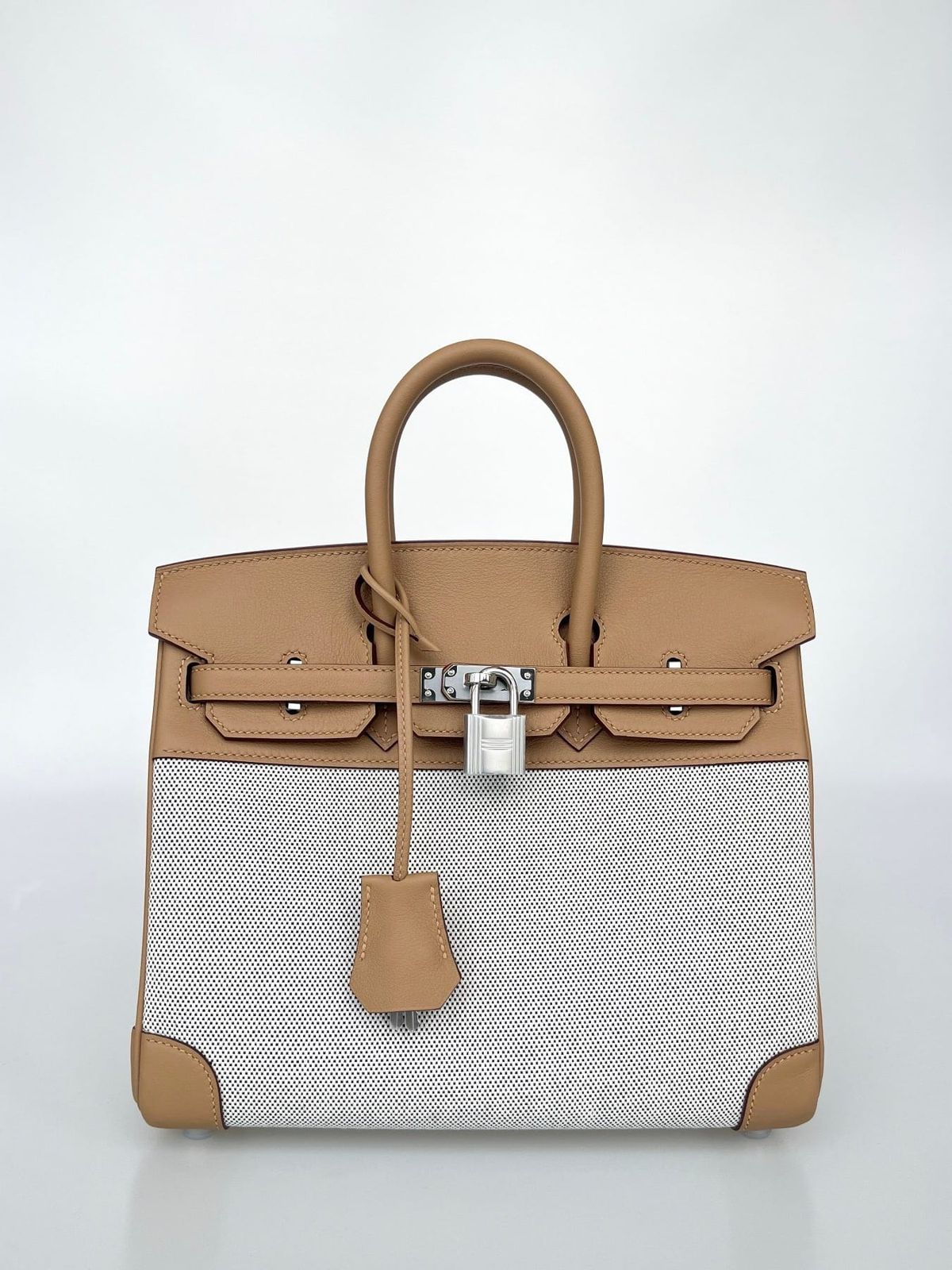 Hermès Birkin 25 OM Chai Swift Leather & Toile Retourne Handbag Palladium Hardware