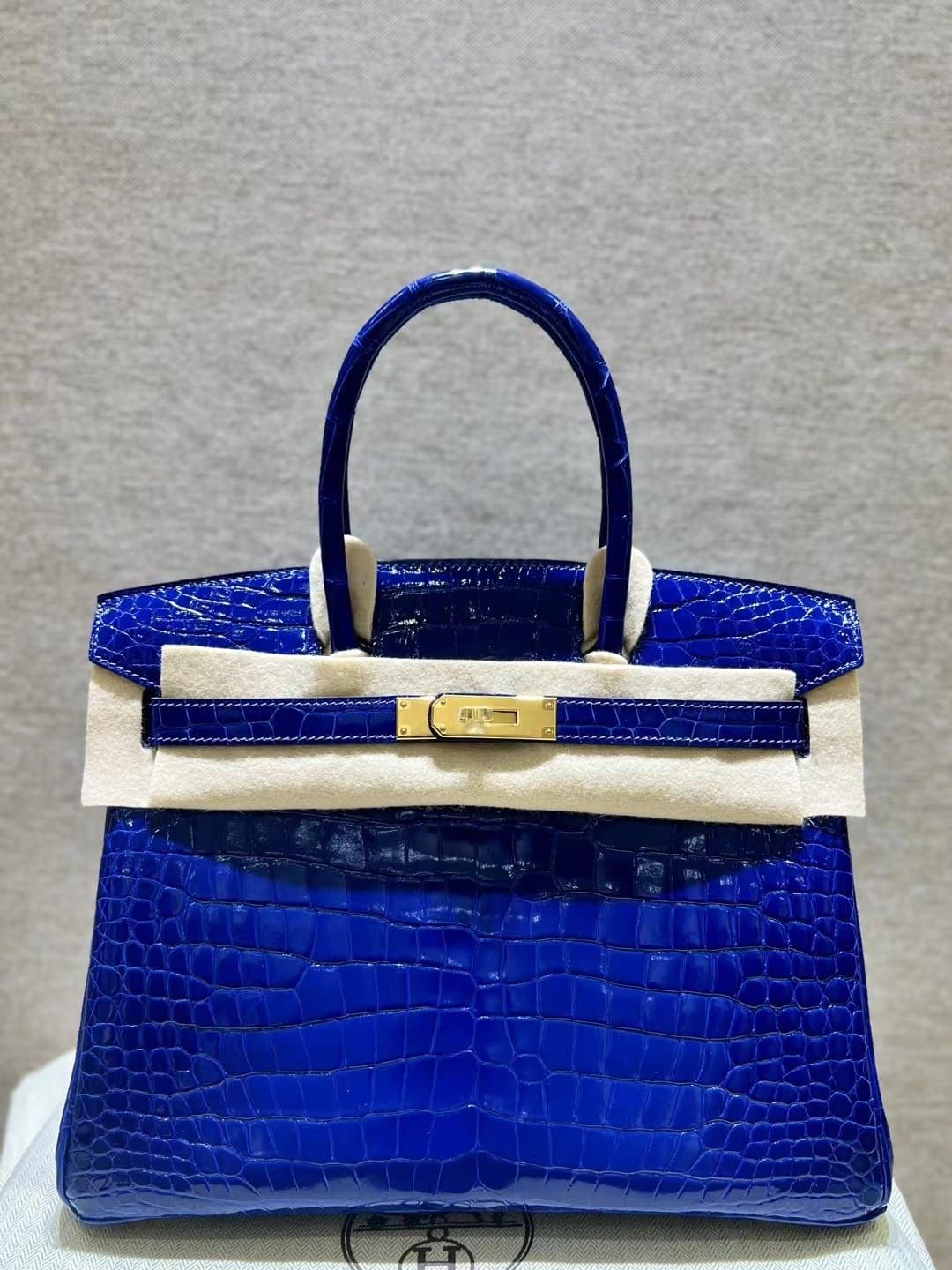 Hermès Birkin 30 Bleu Electric Shiny Porosus Crocodile Leather Handbag Gold Hardware