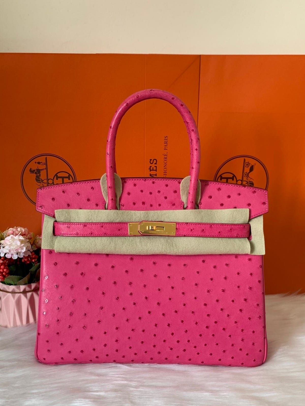 Hermès Birkin 30 Rose Pourpre Ostrich Leather Handbag Gold Hardware