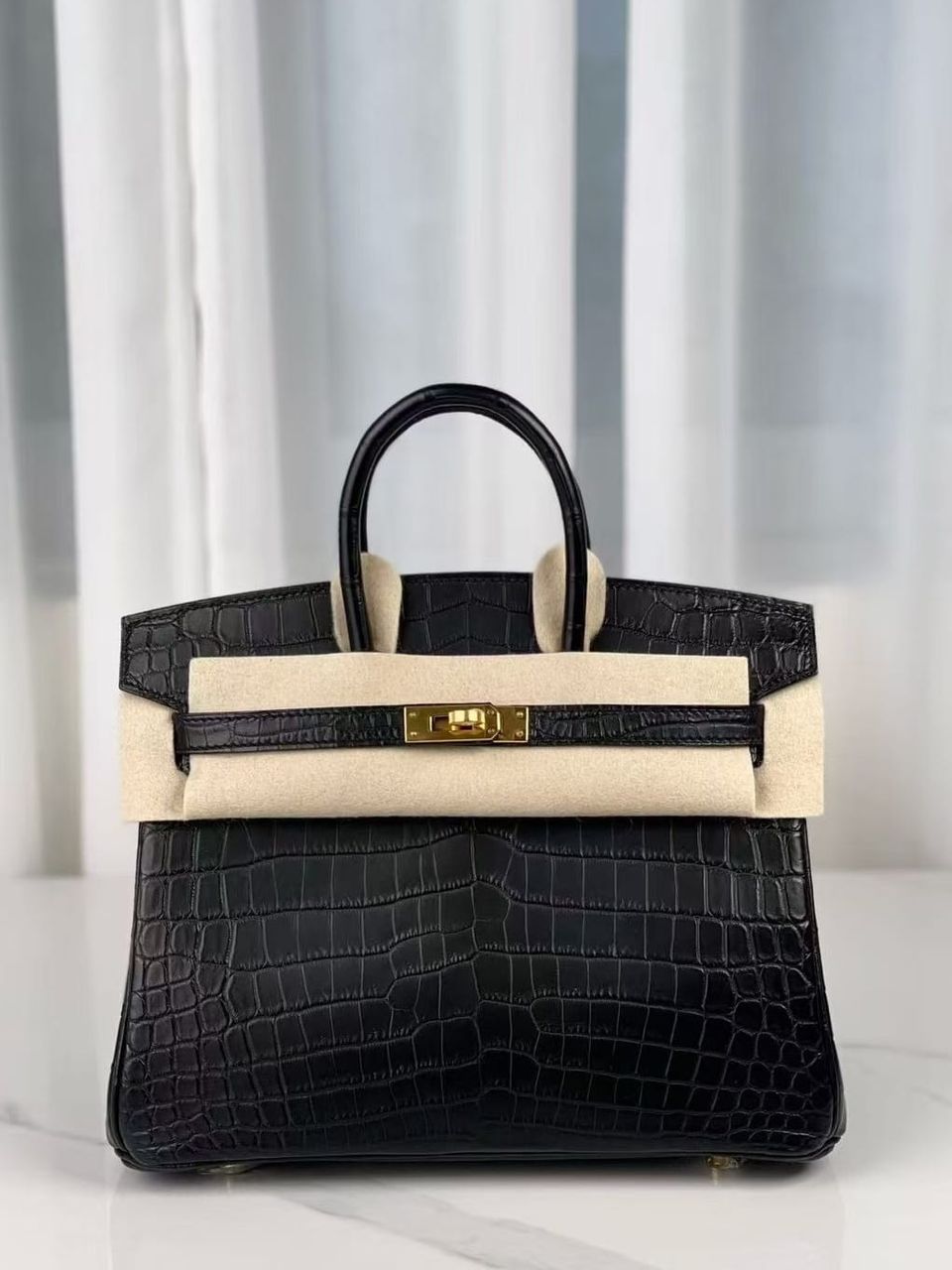Hermès Birkin 25 Noir（Black） Matte Alligator Leather Handbag Gold Hardware