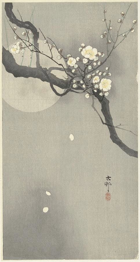Ohara Koson’s Plum Blossom and Full Moon — one branch, one pale disc, and a great deal of empty ground.