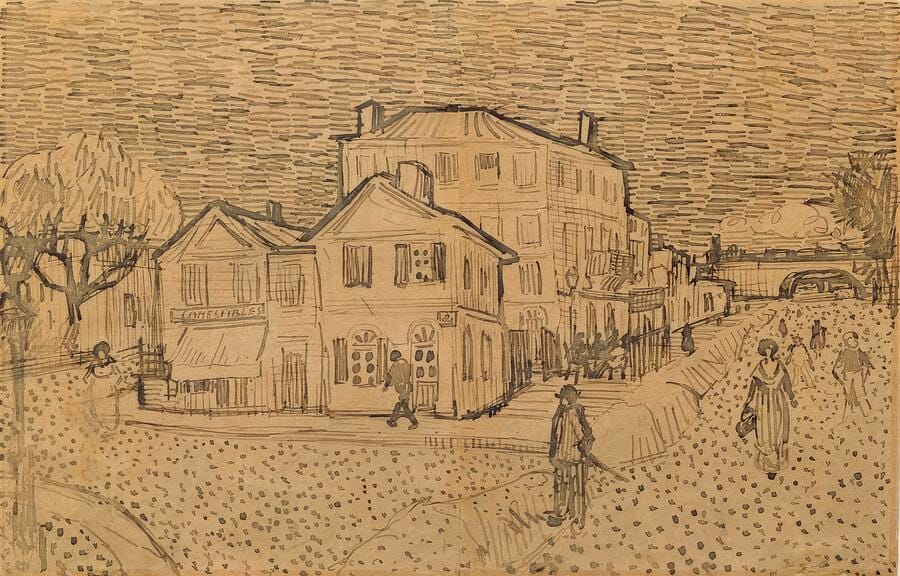 The artist’s house in Arles — Van Gogh’s reed-pen drawing of the Yellow House on the Place Lamartine, 1888.