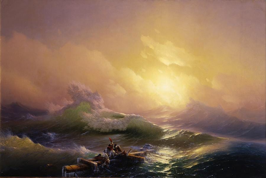 Aivazovsky’s The Ninth Wave — a green-blue sea lit by an amber sky, complementary contrast held inside a single picture.