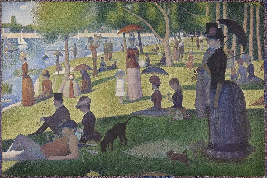 A Sunday on La Grande Jatte (1884–86) — Georges Seurat, shown at the last Impressionist exhibition.