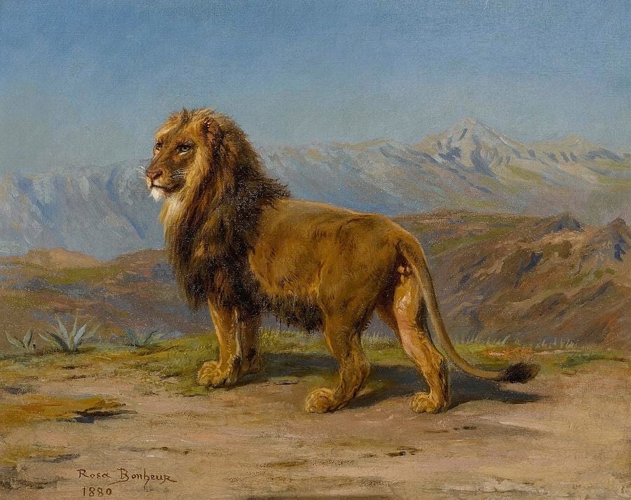 Lion in a Mountainous Landscape by Rosa Bonheur