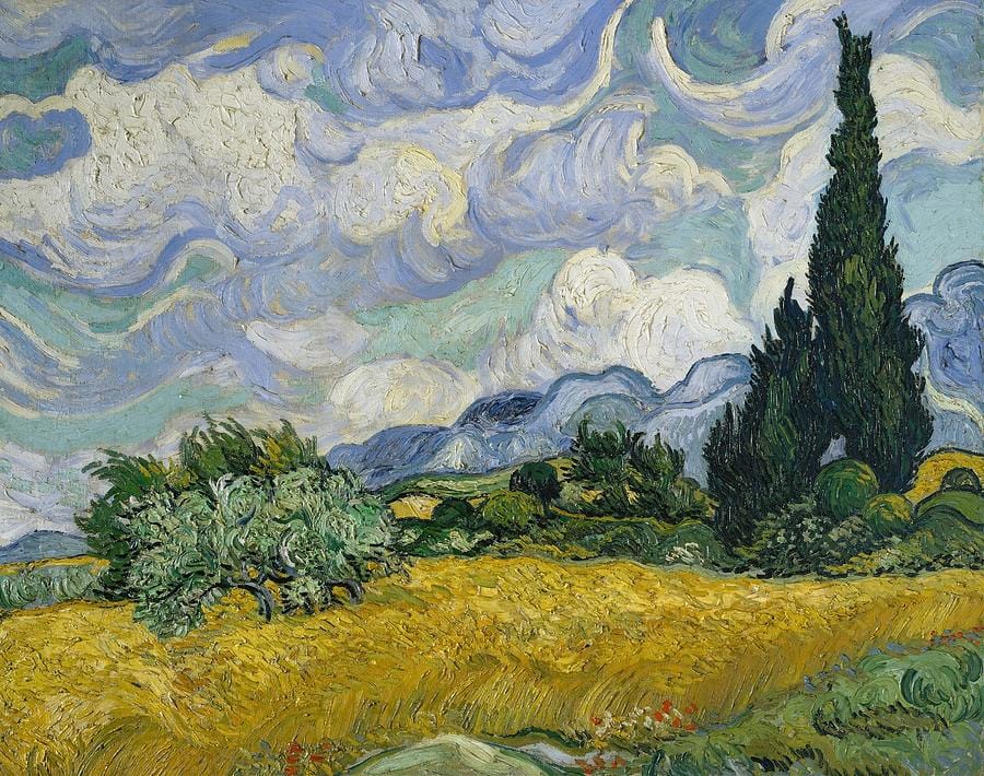 Wheat Field with Cypresses (1889) — the same Alpilles ridge, painted at Saint-Rémy weeks later
