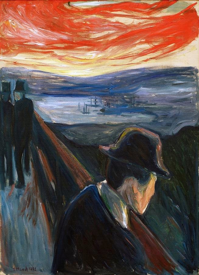 Despair (1892) — Munch's first attempt at the same moment, with the figure still leaning on the railing