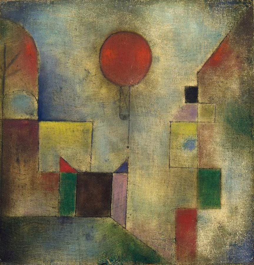 Klee’s Red Balloon (1922) — soft geometric blocks with a single saturated circle, the composition mid-century abstraction kept using.
