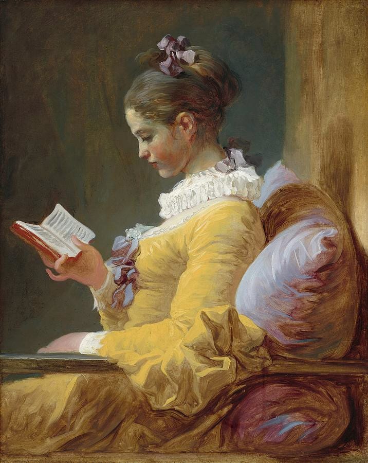 A Young Girl Reading, c. 1769 — Jean-Honoré Fragonard. Lemon-yellow silk, even light, nothing at stake.