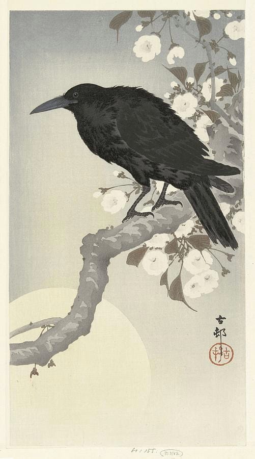 Koson’s Crow at Full Moon — the whole sheet is pale except one solid black shape, which is exactly how much dark a quiet room needs.