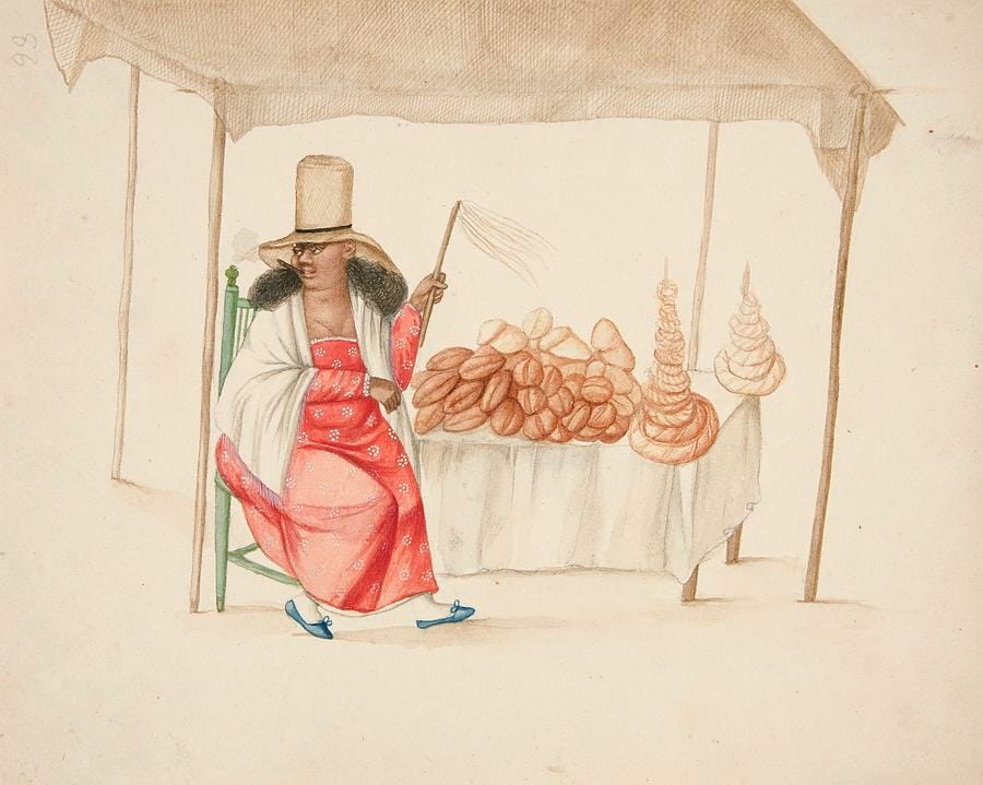 Woman Smoking a Cigar Before a Bread Stand by Francisco Fierro
