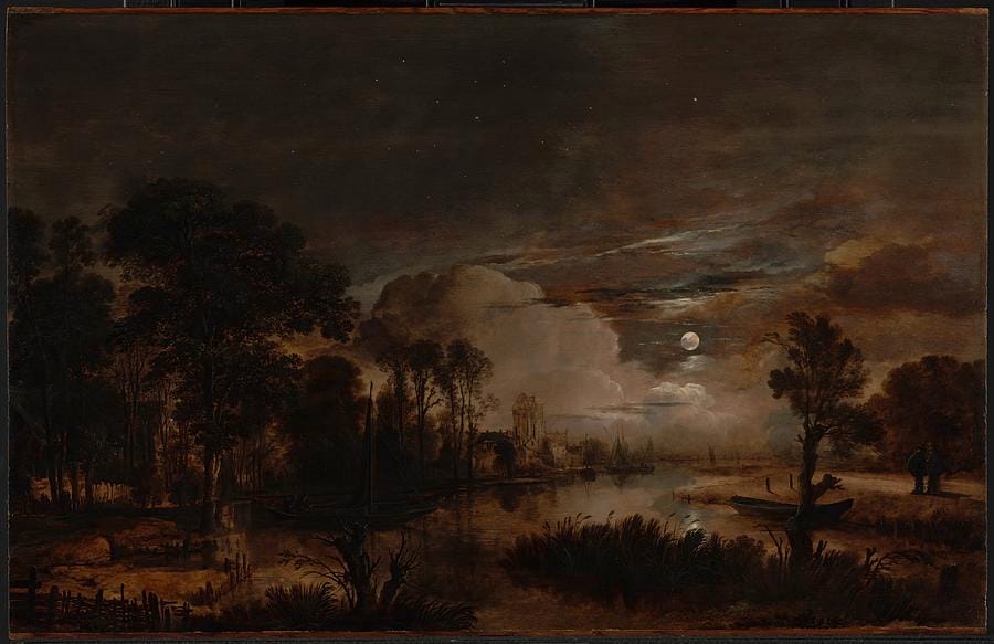 Moonlit Landscape with a View of the New Amstel River — Aert van der Neer