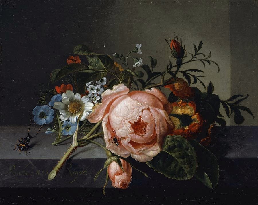 Still Life with Rose Branch, Beetle and Bee — Rachel Ruysch