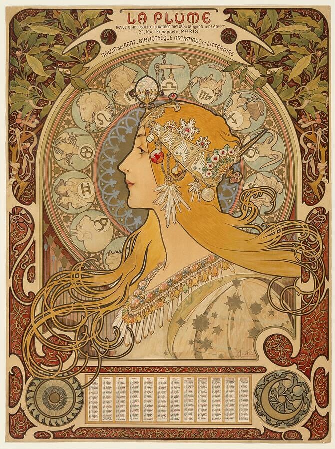 Alphonse Mucha’s Zodiac — three scales of ornament at once: the large halo, the mid-scale hair, the fine border.