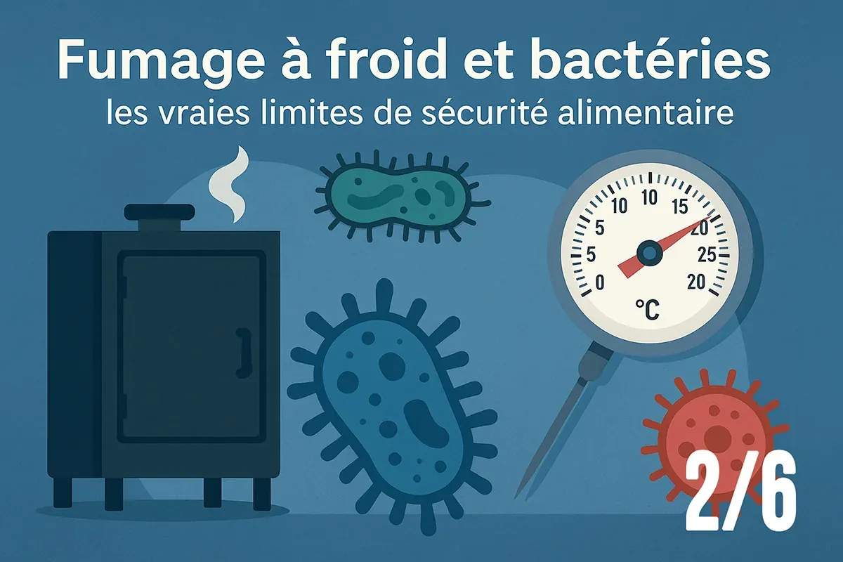 illustration d'un fumoir, d'un thermomètre et de bactéries.