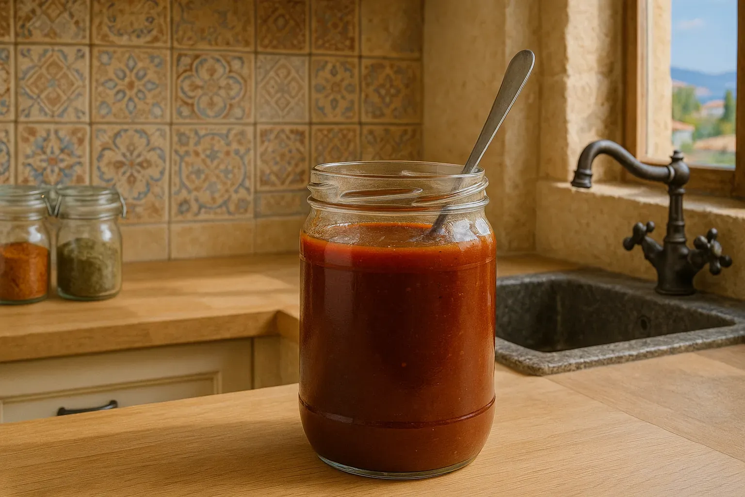 un pot de sauce BBQ sans étiquette, sur un plan de travail dans une maison grecque