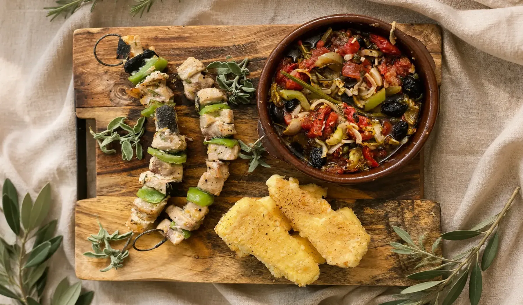 Brochettes d’espadon, saganaki et salsa grecque
