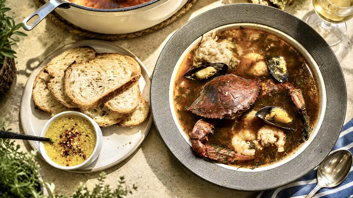 Soupe de poissons et crustacés fumés au BBQ, aïoli au safran