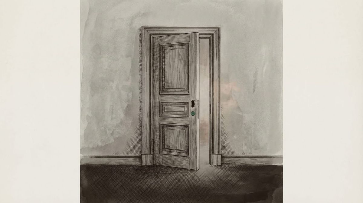Ornate wooden door standing slightly ajar, with an empty mortise where a lock should be installed. No deadbolt, no latch, no hardware — just a cavity where the lock was never installed.