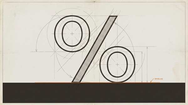 A percentage sign rendered as a typographic construction drawing. Compass arcs, dimension marks, tangent lines. Survey-marker orange baseline.